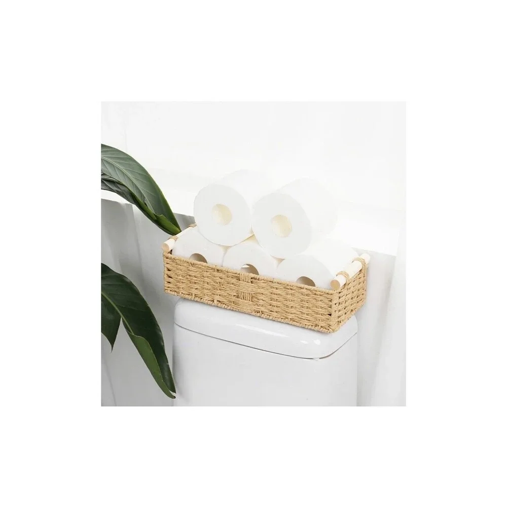 Farmhouse Toilet Paper Baskets 2 Pack Beige Woven Wood Handles Bathroom